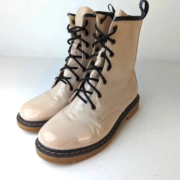 Lady Godiva Vegan Patent Leather Combat Boots - 9 - Picture 1 of 8